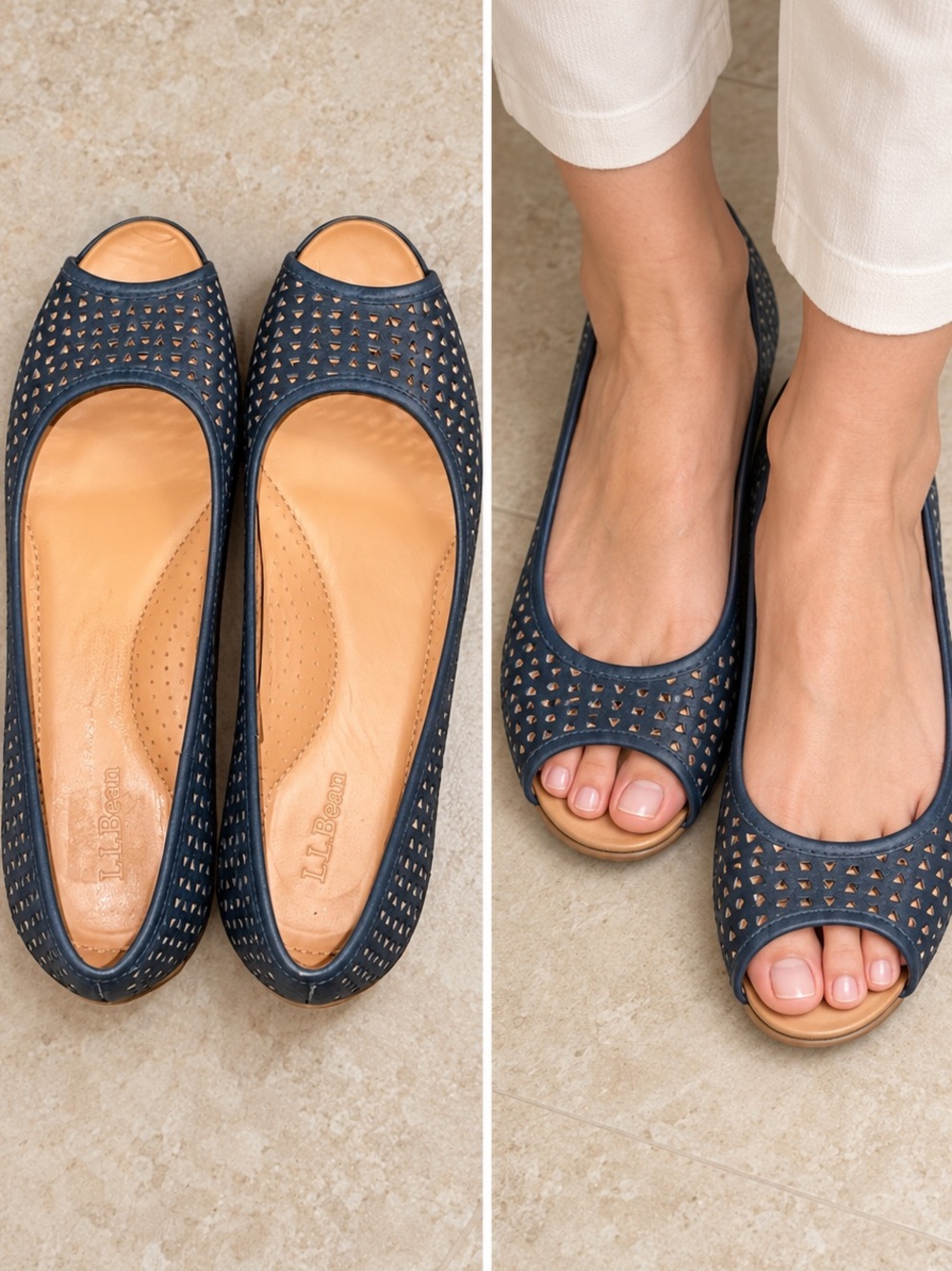 L.L. Bean Navy Perforated Peep-Toe Flats